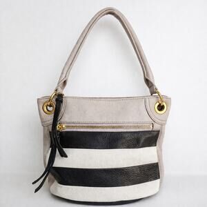 Fossil Womens Leather Shoulder Bag Light Grey Black White Stripe Y2K Retro Boho